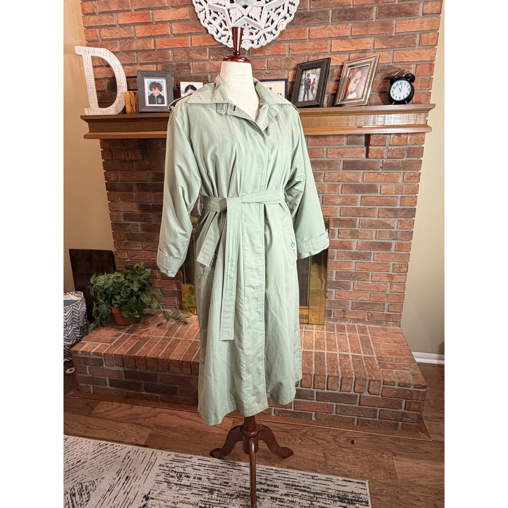London Fog Trench Coat Womens Sage Green Vintage 70s Belted Zip Liner 8 Pet